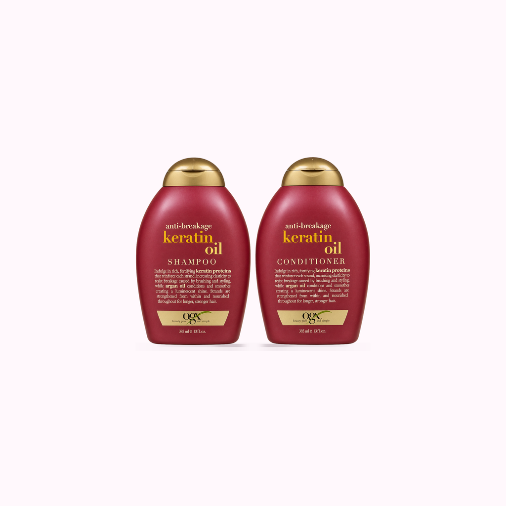 OGX Anti-Breakage + Keratin Oil Fortifying Anti-Frizz Conditioner + shampoo product cover