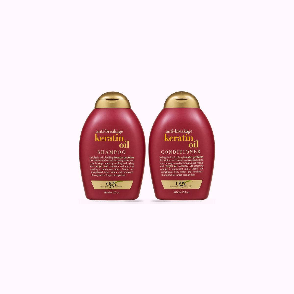 OGX Anti-Breakage + Keratin Oil Fortifying Anti-Frizz Conditioner + shampoo product cover