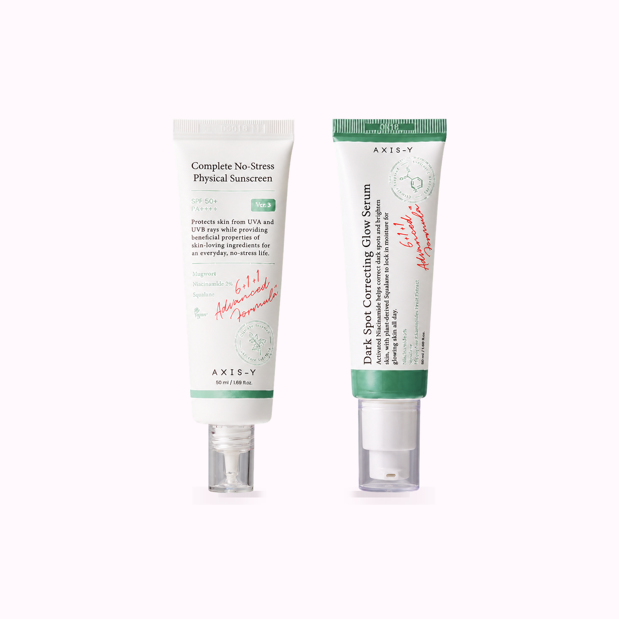 combo Axis-Y Dark Spot Correcting Glow Serum 50ml +Axis-Y Complete No-Stress Physical Sunscreen 50ml product cover